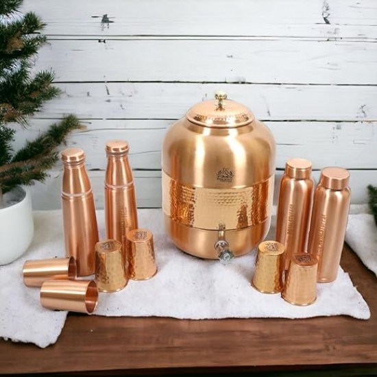 ROYALSTUFFS Pure copper drinkware water dispenser - 12 Litre | Hammered Finish | Ayurveda Health Healing| Storage Water | Container Tank with 4 Matching Glasses & 4 copper Bottles