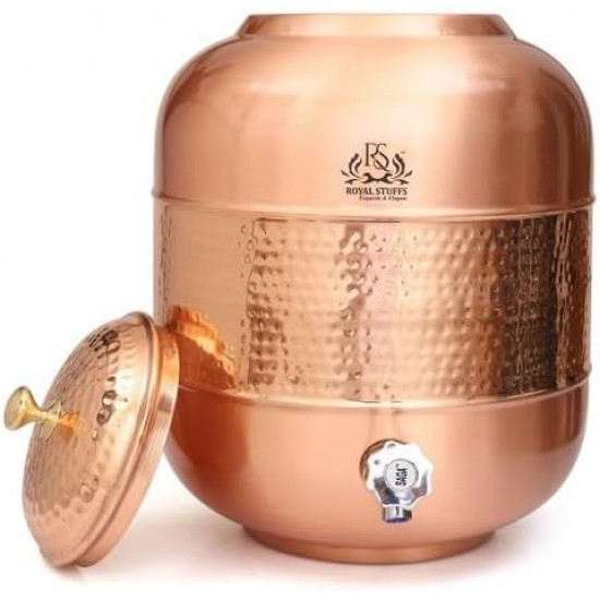 ROYALSTUFFS Pure copper Drinkware Water Dispenser Hammered Finish- Ayurveda Health Healing 8 Liter Storage Container Tank with Set of 2 Tumbler Glasses and 1 copper Bottle