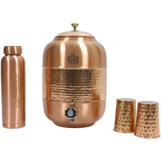 ROYALSTUFFS Pure copper Drinkware Water Dispenser Hammered Finish- Ayurveda Health Healing 8 Liter Storage Container Tank with Set of 2 Tumbler Glasses and 1 copper Bottle