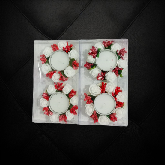 Set 4 White Rose with Red Flower Design Metallic Diya Tea Light Candle Holder for Home Office Decoration Puja Articles Decor Gift TeaLight 