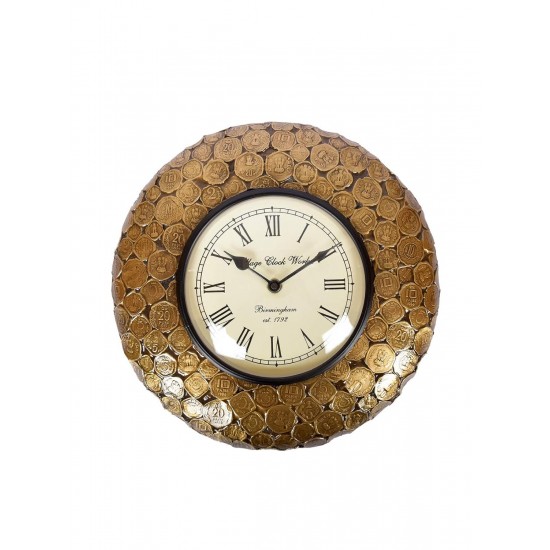 Wood Brass Metal Coin Embossed Indian Vintage Analog Wall Clock (Gold, 12x12 Inch)