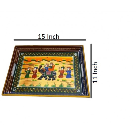 ROYALSTUFFS Serving Tray, set of 3, made of mango wood, Rajasthani painting, size 15″, 14″, 13″