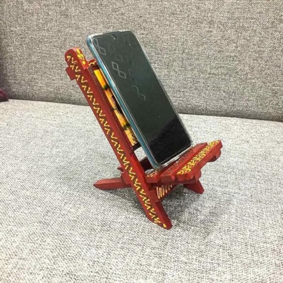  Mobile Stand Wooden Hand Painted Vintage Traditional Indian Design - Compatible with All Phones. Color: Orange