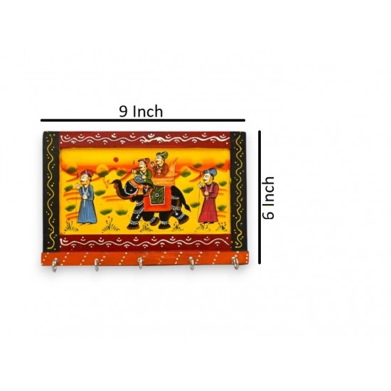 Hand-Painted Wall Key Holder and Wooden Rajasthani Art Work Hook Hanging Key Holder (Medium)