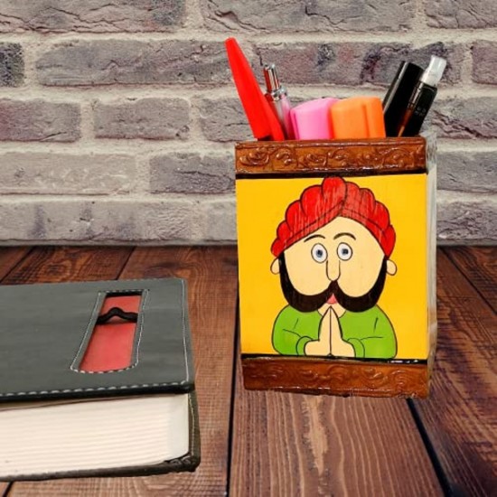 ROYALSTUFFS Namaste Design Wooden Pen Stand/Multipurpose Stand/Spoon Holder/Kitchen Utility with Artistic Painting on it, 4.1 Inch