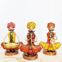 Tribal Rajasthani Sitting Male Musicians Muchhad in Iron Handmade Decorative Items for Home | Gift Items | Showpieces | Table Decorative Items Set of 3, Height : 9 Inches, Multicolor