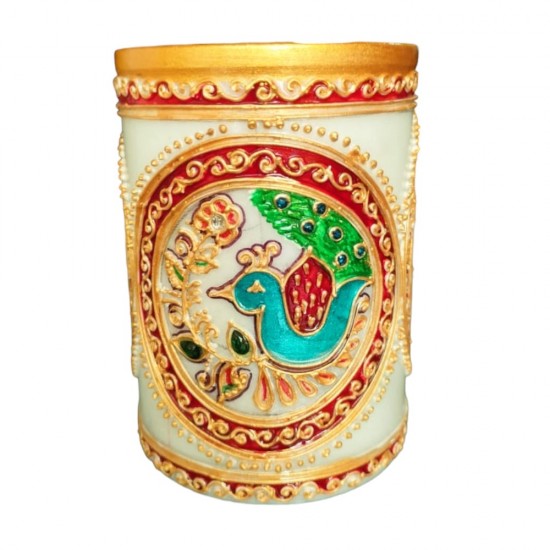 Little India Gold Meenakari Mayur Design White Marble Pen Stand, White,Weight:365 Gram