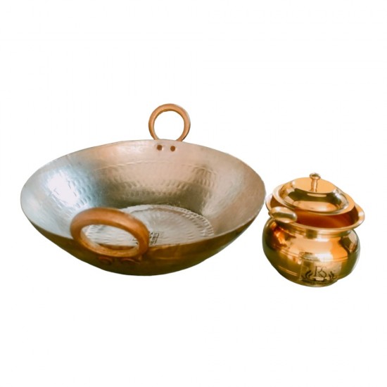 Brass Pital Heavy Weight Serving Kadhai Cookware with Brass Ghee Pot with Spoon (1250 ML)