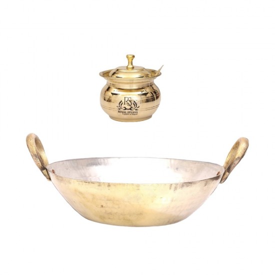 Brass Pital Heavy Weight Serving Kadhai Cookware with Brass Ghee Pot with Spoon (1250 ML)