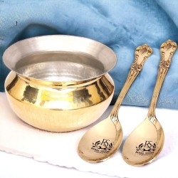 Brass Handi/Pongal Pot/Gundu/Cooker/Aandi - with 2 Spoon - 2 LTR (Brass) by Indian Collectible, Gold