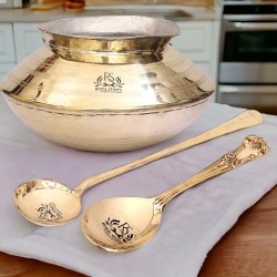 4 Liter Traditional Brass Handi Pot for Cooking | Authentic Brass Dekchi Pot Cookware with 1 Spoon & 1 Ladle