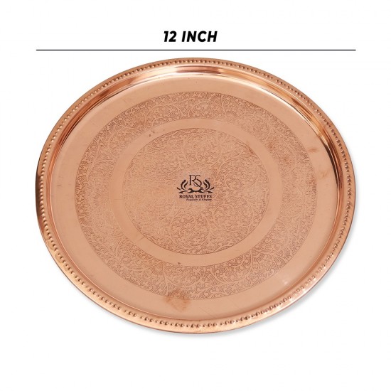 12 Inches Pure Copper Thali Plate with Floral Design, Home Hotel Restaurant, Dinnerware and Serveware, Diameter- Set of 4