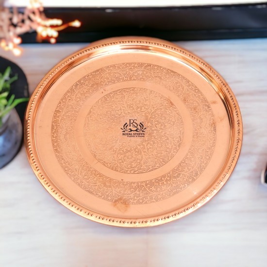 12 Inches Pure Copper Thali Plate with Floral Design, Home Hotel Restaurant, Dinnerware and Serveware, Diameter- Set of 4