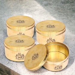 Set of 4 Pure Brass Box |Chapati Box | Roti Dibba | Dry Fruit Box | Dibba | Katordaan, Round Shape (500 ML)