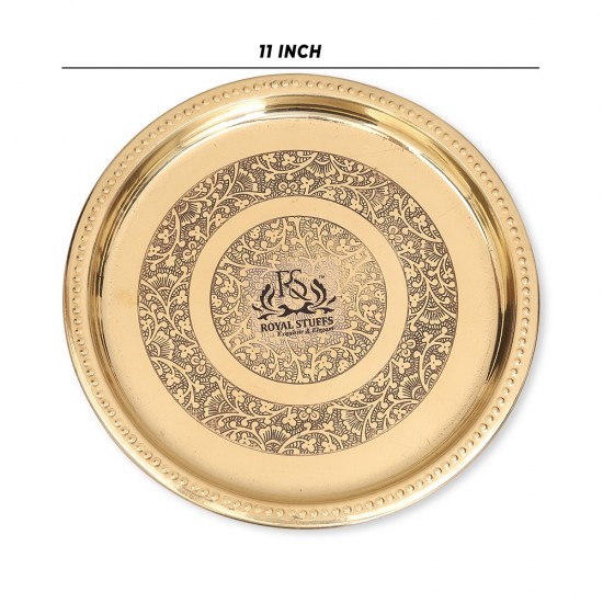 4 Big Handmade Pure Brass Plate Dish Embossed Design Round Shape Plate (11 Inch)