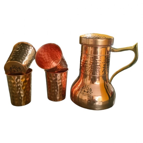 ROYALSTUFFS Pure Copper Designer Hammered and Smooth Bedroom Carafe Bottle with Handle and Set of 4 Copper Glasses | Drinkware | Diwali Anniversary/Party/Mother's Day Gift Pack of - 5