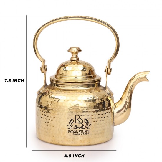 Hammered Designer Brass Tea Kettle Pot, Serving Tea, Coffee, Tableware (600 Ml) With 2 dholak shaped glass