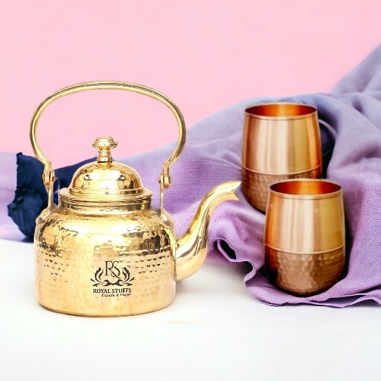 Hammered Designer Brass Tea Kettle Pot, Serving Tea, Coffee, Tableware (600 Ml) With 2 dholak shaped glass