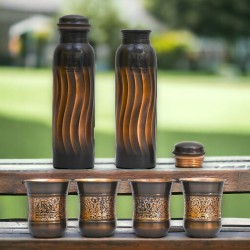 ROYALSTUFFS 2 Copper Lehar Water Bottle 1 Liter Extra Large with 4 Tumblers - Helps to Drink More Water, Enjoy The Health Benefits - 2 Tamba Bottle With 4 Antique Copper Glasses