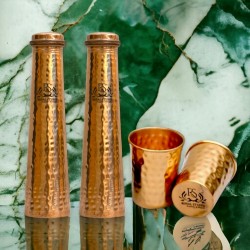 ROYALSTUFFS Tower Shape Copper Water Bottles and Tumbler Glasses | Combo Set of 4 Pcs of Drinkware Vessel || Handcrafted Ayurvedic || Leak Proof Lid – Smooth Finish 750 ML
