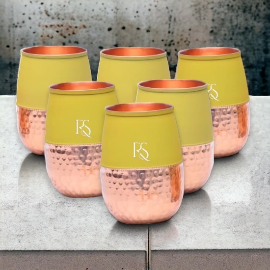 Set of 6 Silk Yellow Half Hammered Dholak Tumbler Pure Copper Water Glass Capacity 250ML