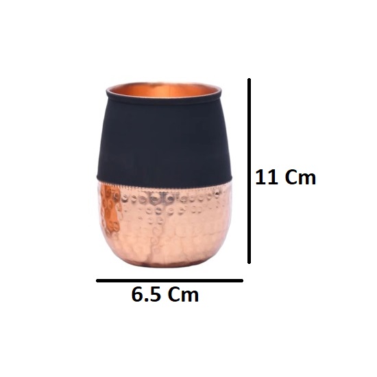 Set of 6 Silk Black Half Hammered Dholak Tumbler Pure Copper Water Glass Capacity 250ML