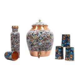 ROYALSTUFFS Pure Copper Water Dispenser Container Marble Design with Combo for Water Purposes at Home and Offices - Volume 10 Litre (Pack of 1 Pot+4 Glass +1 Bottle) - Gift Pack for Anniversary