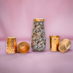 ROYALSTUFFS Pure Copper Water Bottle with Set of 4 Copper Hammered Glass Tumbler Antique Elegant Marble Design Vessel | Copper Bedroom Water Carafe (1000 ML)