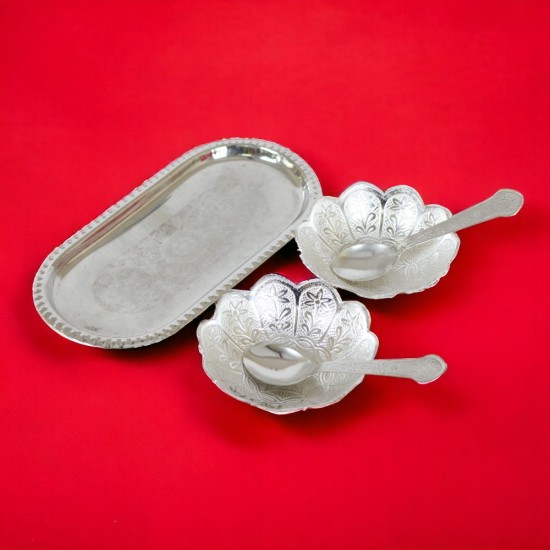 ROYALSTUFFS  Silver Plated & Polished Lotus Design Set of 2 Bowl with 2 Spoon & 1 Tray, Diwali Festive Gifts Item