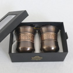 ROYALSTUFFS Pure Copper Water Glass Set of 2 Brown Antique Engraved Tumbler Capacity 300ML With Box