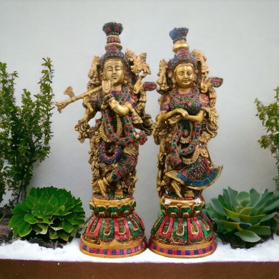 ROYALSTUFFS  Brass Big Radha Krishna Idol/Multicolour Stone Work Showpiece/Standing on Flower Base Radhe Krishna Murti/for Home Office Temple/Standard Idol ( 17.8 Kg)