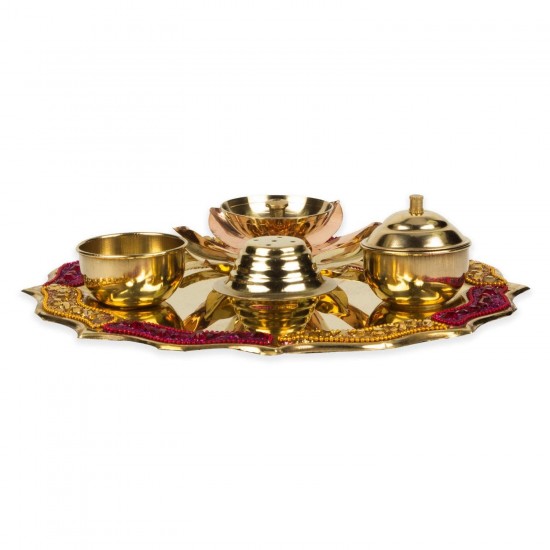 Pooja Thali Set Combo with Agarbatti Holder, Aarti Diya, Roli Holder & Akshat Holder for Mandir, Home, Diwali and Special Occasions (8 Inch)