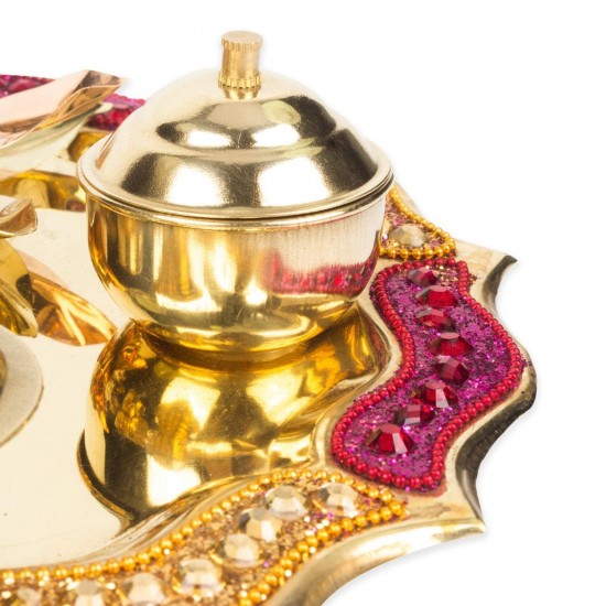 Pooja Thali Set Combo with Agarbatti Holder, Aarti Diya, Roli Holder & Akshat Holder for Mandir, Home, Diwali and Special Occasions (8 Inch)