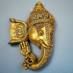 Brass Lord Ganesha Mask Wall Hanging (Height: 11 inches)