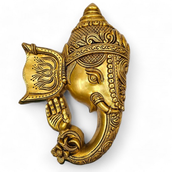 Brass Lord Ganesha Mask Wall Hanging (Height: 11 inches)