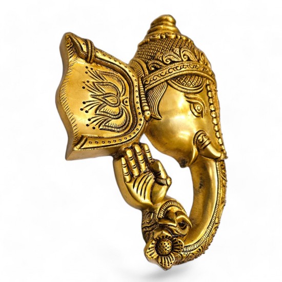 Brass Lord Ganesha Mask Wall Hanging (Height: 11 inches)