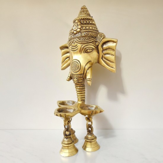 Lord Ganesha Face Three Wicks Oil Hanging Lamp with 3 Bells