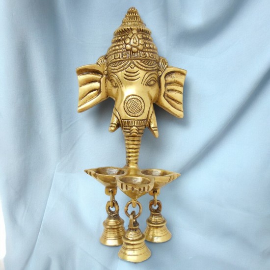 Lord Ganesha Face Three Wicks Oil Hanging Lamp with 3 Bells