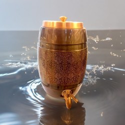  5 Liter Pure Copper Water Dispenser - Dholak Shape with Lesser Etching Antique Finish - 5000 ML