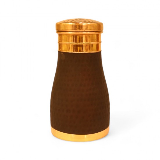 Copper Hammered Silk Finish Bedside Carafe Bottle with Inbuilt Glass (1 Liter Capacity)