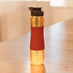 Designer Copper Hammered Sipper Bottle with Red Silicone Grip - 1 Liter