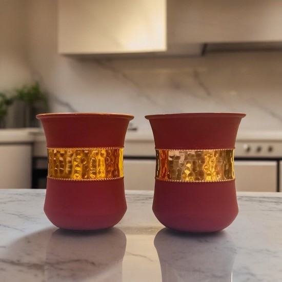 Set of 2 Silk Red Half Hammered Tumblers - Pure Copper Water Glass - 250ml Capacity