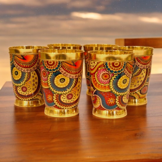 Colorful Enamel Finish Brass Glass Set - Set of 6