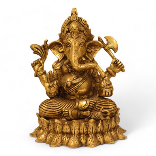 Indian Handmade Brass Antique Finish 10-Inch Lord Ganpati Murti on Lotus Base - 4.5 KG 