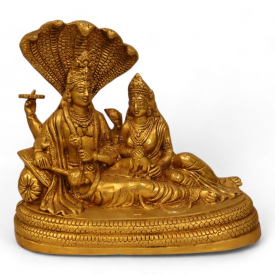  Brass Antique Finish Lord Vishnu with Lakshmi Resting upon Shesha Naag - 9 inches