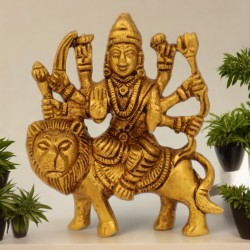 Brass Antique Finish Handmade Sherawali Mata Idol, Maa Durga on Lion - 4 Inch