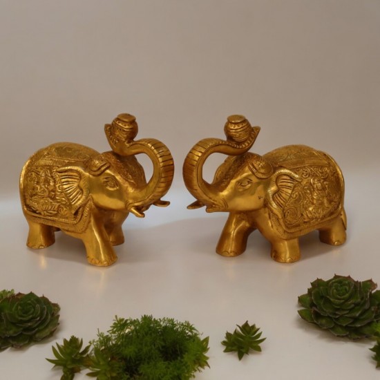 Pair of Brass Antique Finish Gaj Laxmi Elephant Decorative Showpiece - 4 Inch