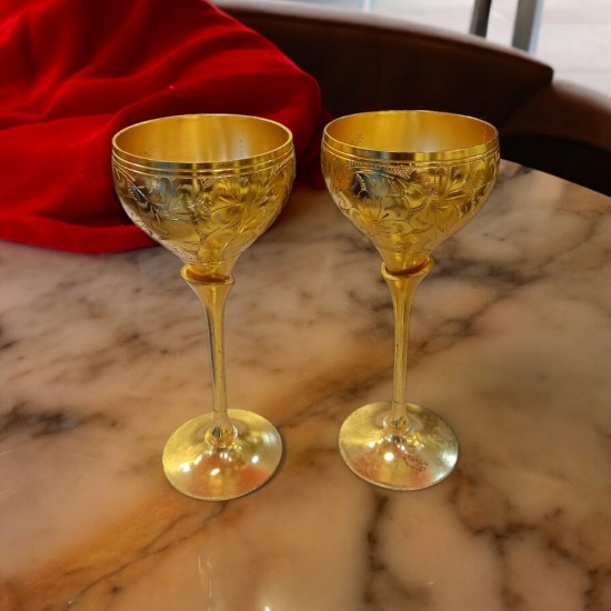 Brass Antique Engraved Wine Glass Set of 2 - 8 Inch