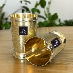 Set of 2 Embossed Design Brass Water Glasses Handcrafted - 200ml Capacity