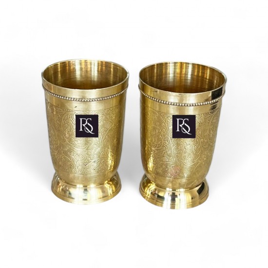 Set of 2 Embossed Design Brass Water Glasses Handcrafted - 200ml Capacity